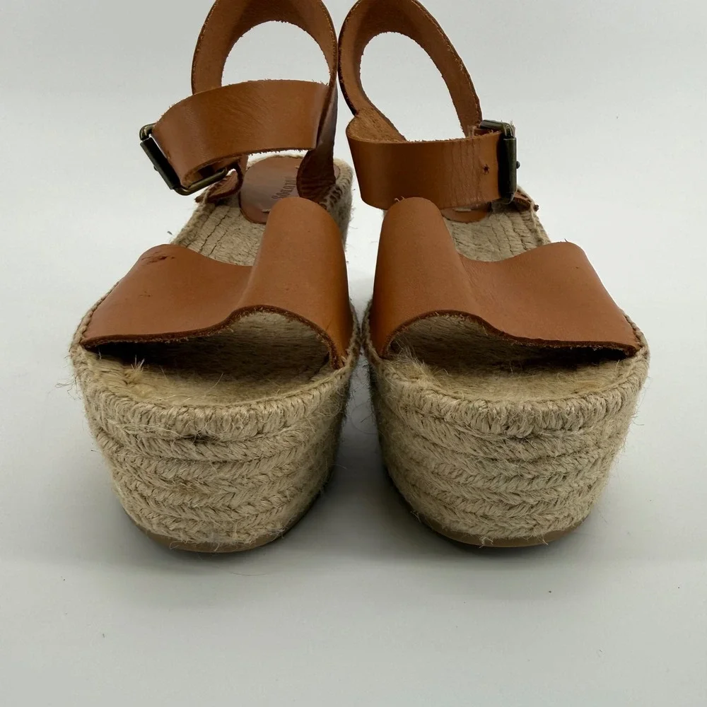Soludos Minorca Tan Leather Espadrille Platform Wedge Sandals Womens 8 EU 38.5‎